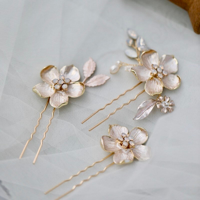 Wedding Hair Accessories -  Gold Opal Bridal Hair Pin Set