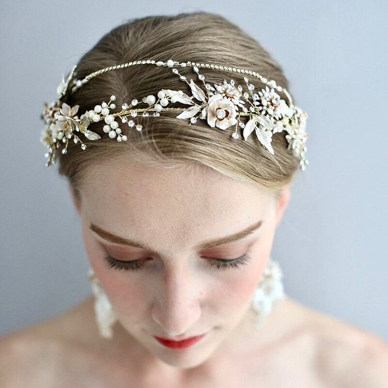 Wedding Hair Accessories - Gold Pearl and Crystal Bridal Headband with Matching Earrings