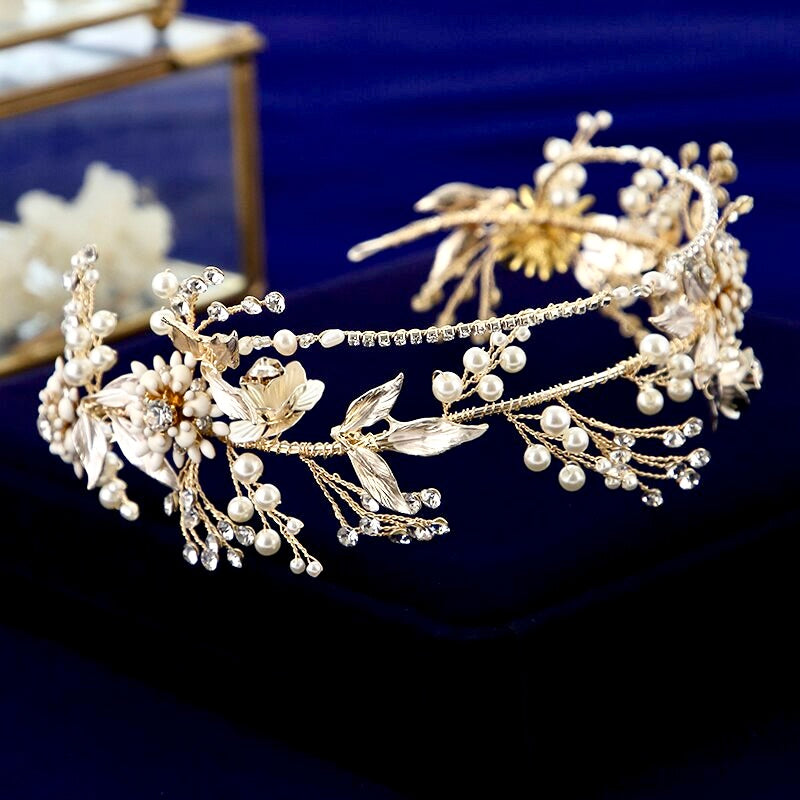 Wedding Hair Accessories - Gold Pearl and Crystal Bridal Headband with Matching Earrings