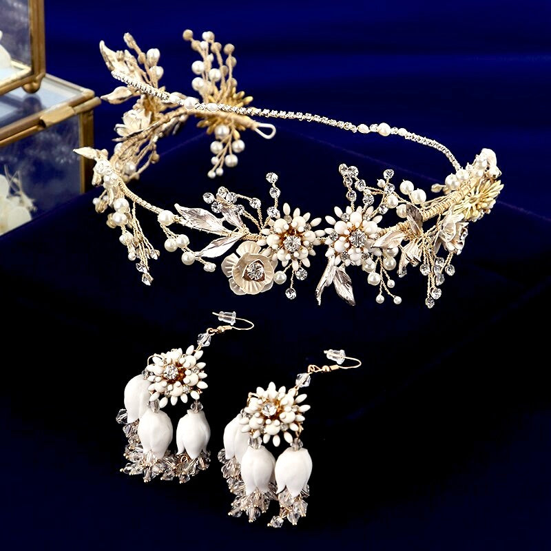 Wedding Hair Accessories - Gold Pearl and Crystal Bridal Headband with Matching Earrings