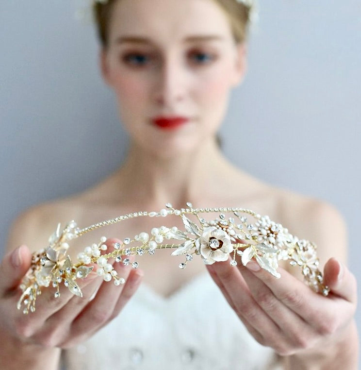 Wedding Hair Accessories - Gold Pearl and Crystal Bridal Headband with Matching Earrings