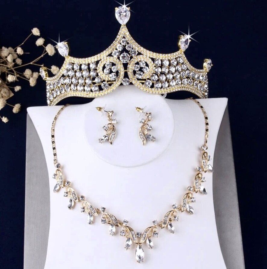 Wedding Jewelry and Accessories - Gold Bridal 3-Piece Jewelry Set With Tiara