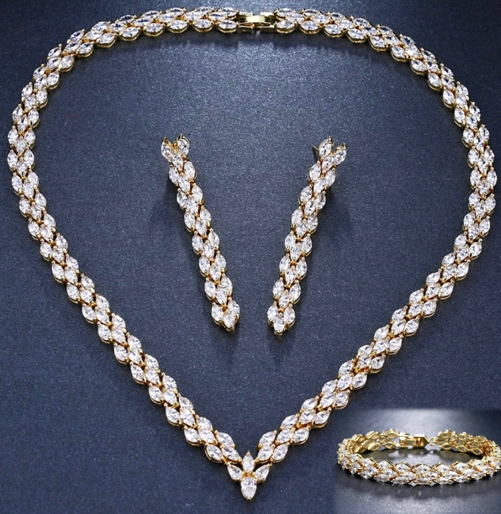 Wedding Jewelry - Cubic Zirconia Bridal Three-Piece Jewelry Set - Available in Silver and Gold