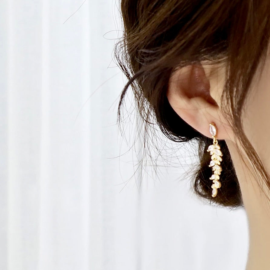Wedding Jewelry - Gold CZ Leaf Bridal Earrings