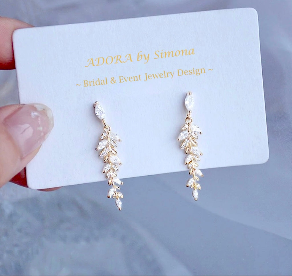 Wedding Jewelry - Gold CZ Leaf Bridal Earrings