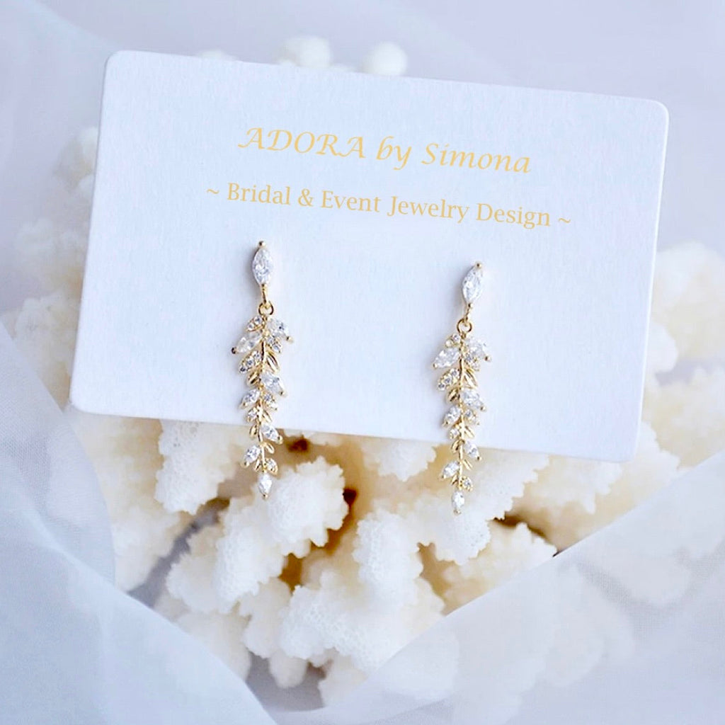 Wedding Jewelry - Gold CZ Leaf Bridal Earrings