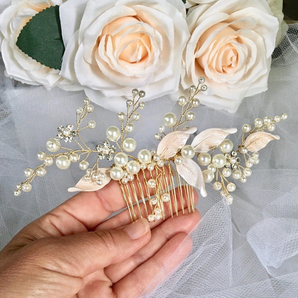 Wedding Hair Accessories - Gold Pearl Bridal Hair Comb