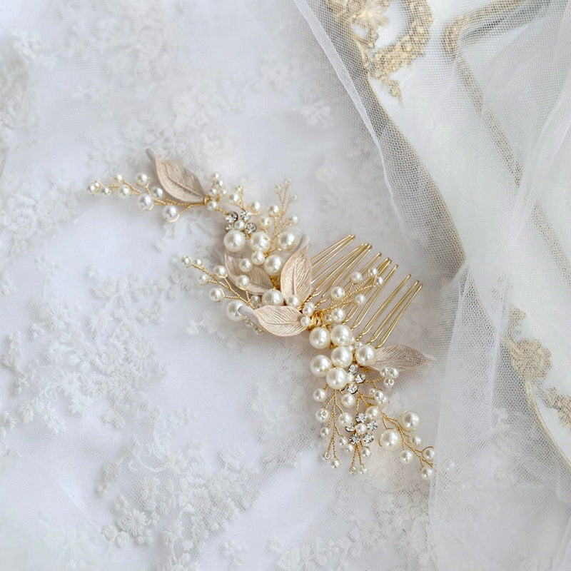 Wedding Hair Accessories - Gold Pearl Bridal Hair Comb