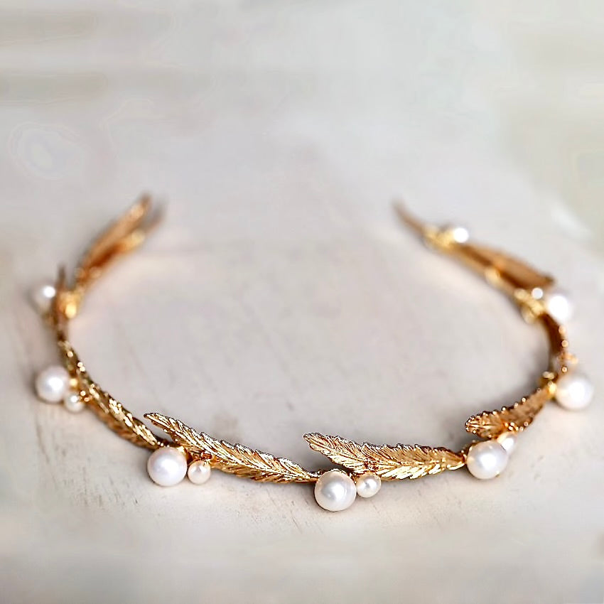 Wedding Hair Accessories - Gold Freshwater Pearl Bridal Headband