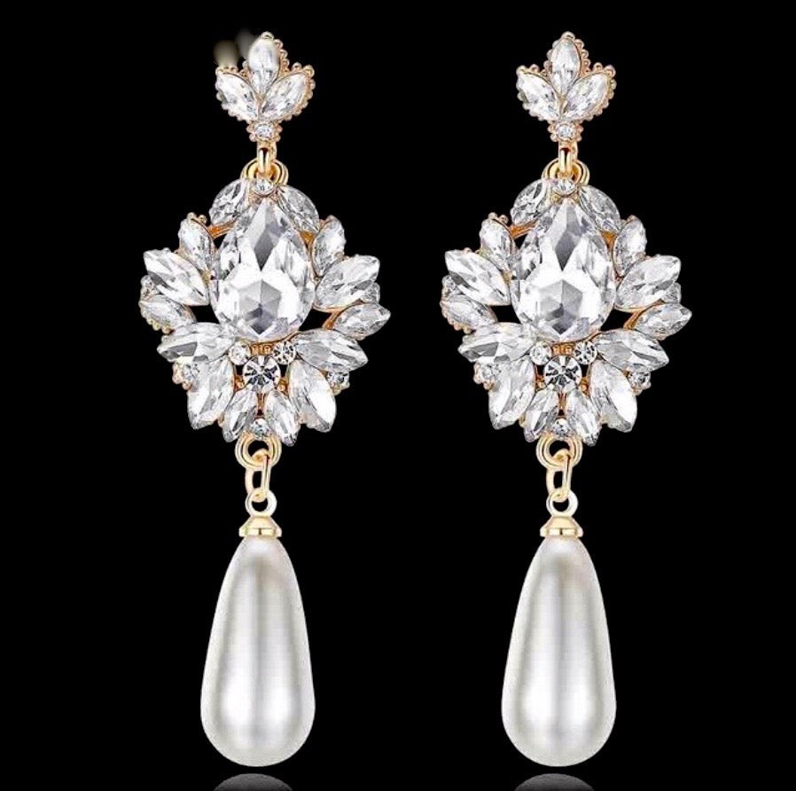 Wedding Jewelry - Silver Pearl and Crystal Bridal Earrings