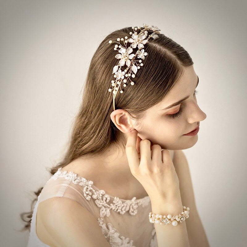 Wedding Hair Accessories - Gold Pearl and Crystal Bridal Headband / Tiara