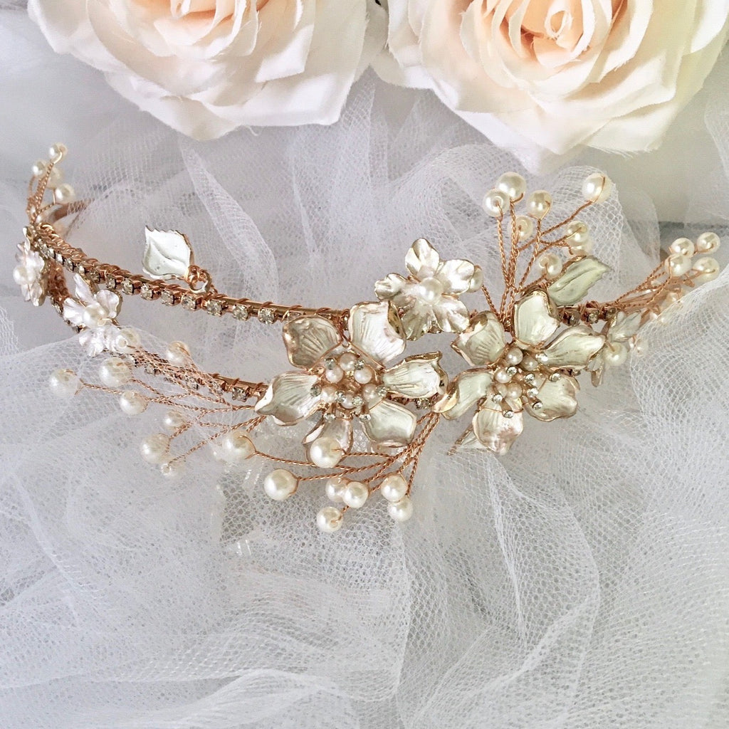 Wedding Hair Accessories - Gold Pearl and Crystal Bridal Headband / Tiara
