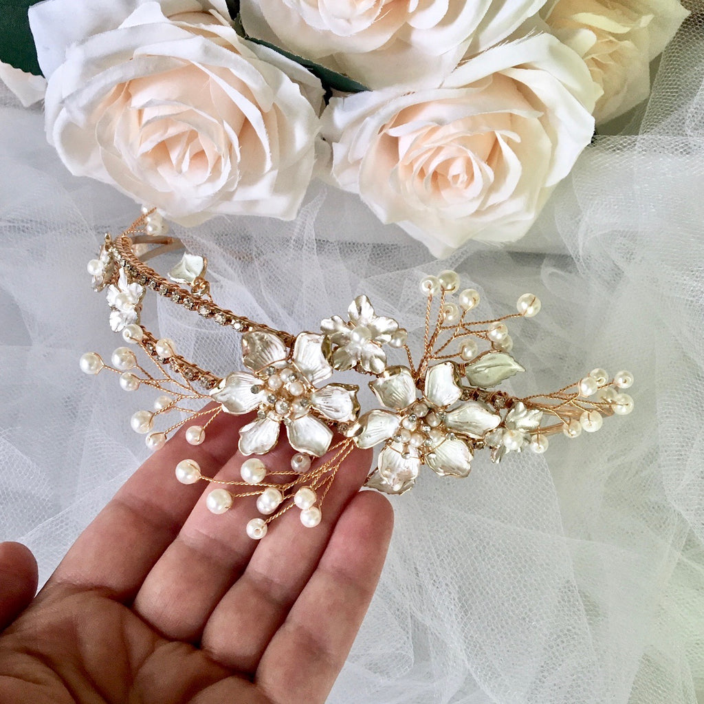 Wedding Hair Accessories - Gold Pearl and Crystal Bridal Headband / Tiara