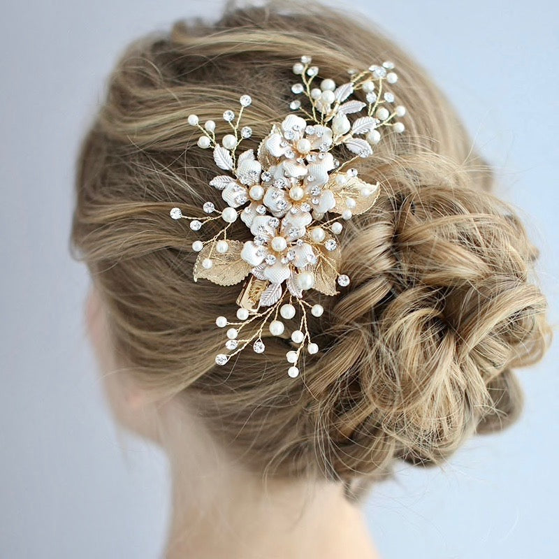 Wedding Hair Accessories - Gold Pearl Bridal Hair Clip