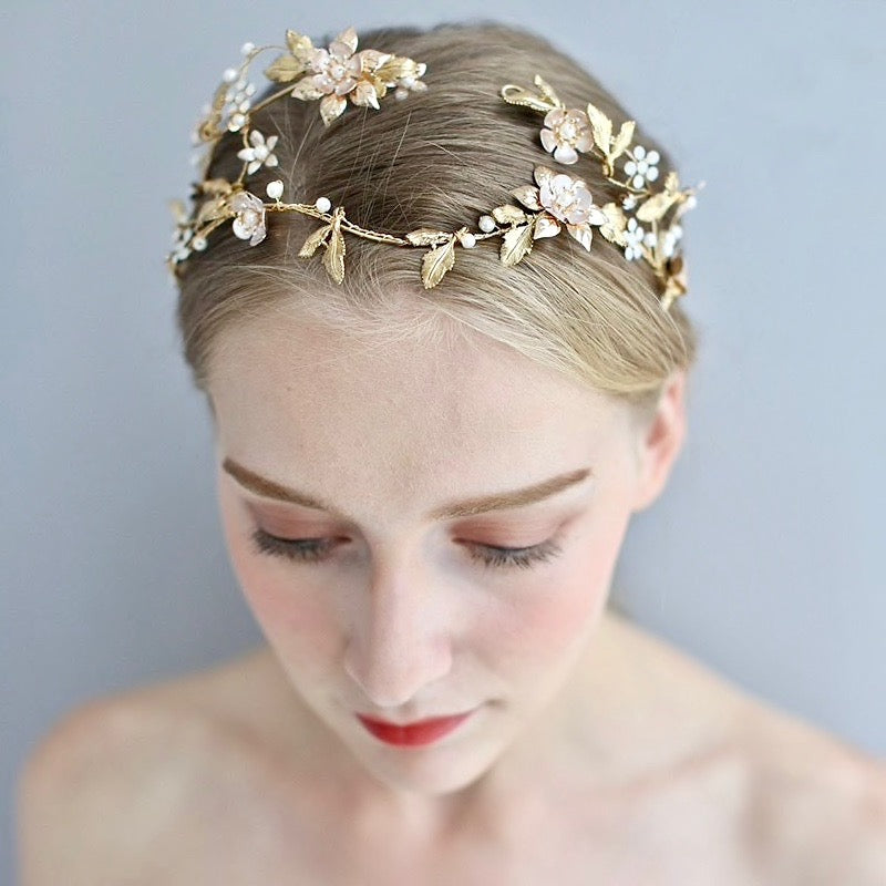 Wedding Hair Accessories - Gold Pearl and Crystal Bridal Headband / Tiara