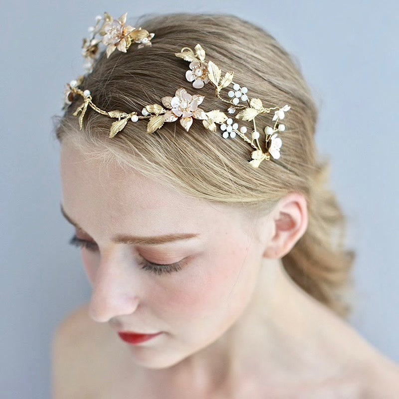 Wedding Hair Accessories - Gold Pearl and Crystal Bridal Headband / Tiara