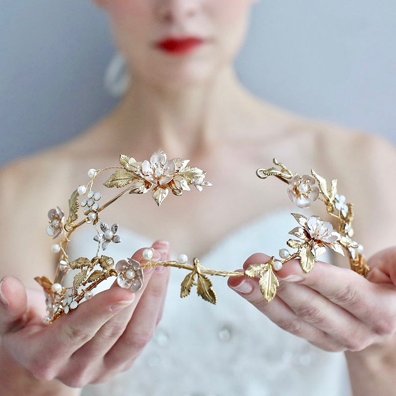 Wedding Hair Accessories - Gold Pearl and Crystal Bridal Headband / Tiara