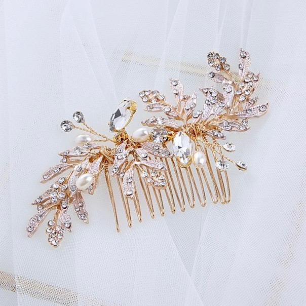 Wedding Hair Accessories - Gold Pearl and Crystal Bridal Hair Comb