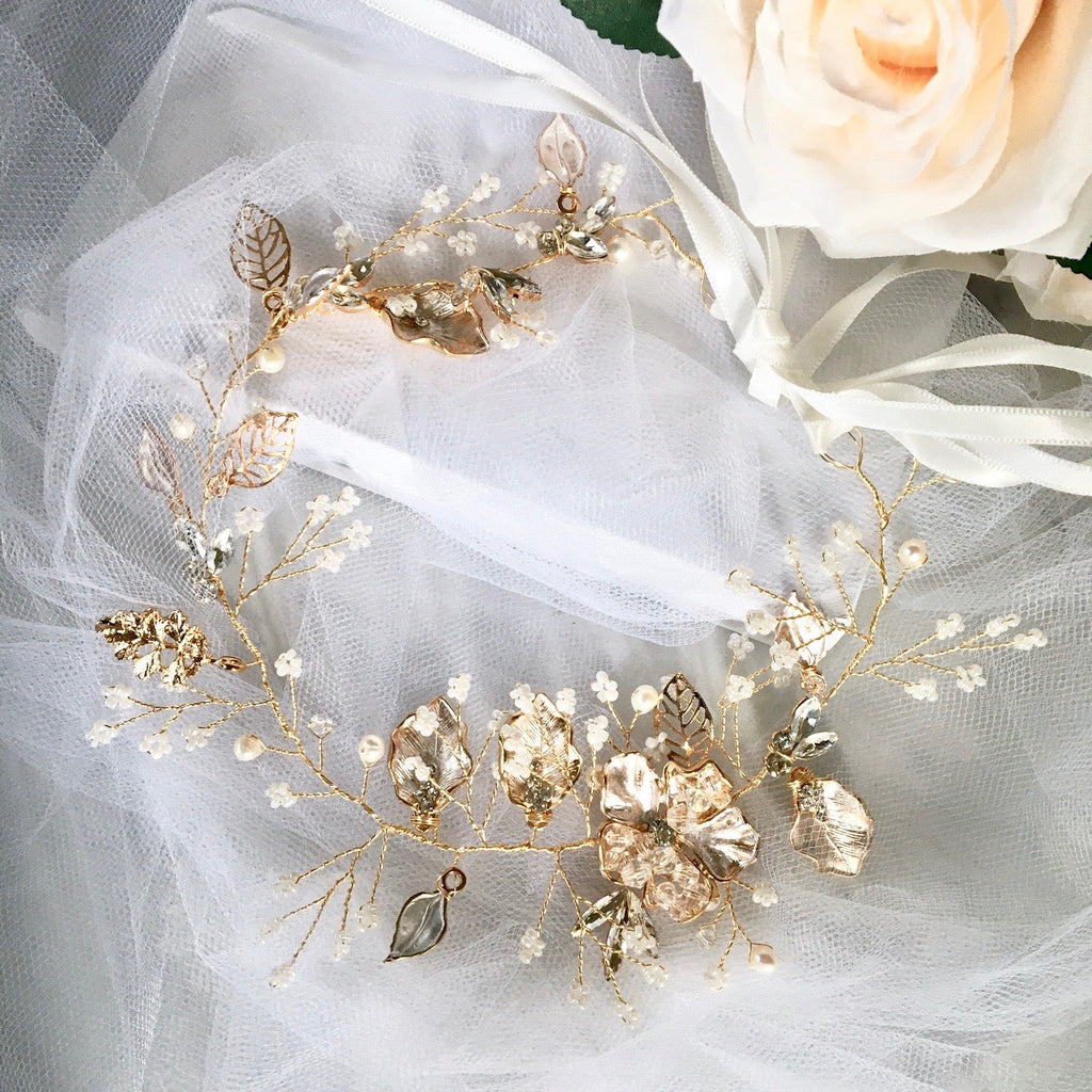 Wedding Hair Accessories - Gold Pearl and Crystal Bridal Headband