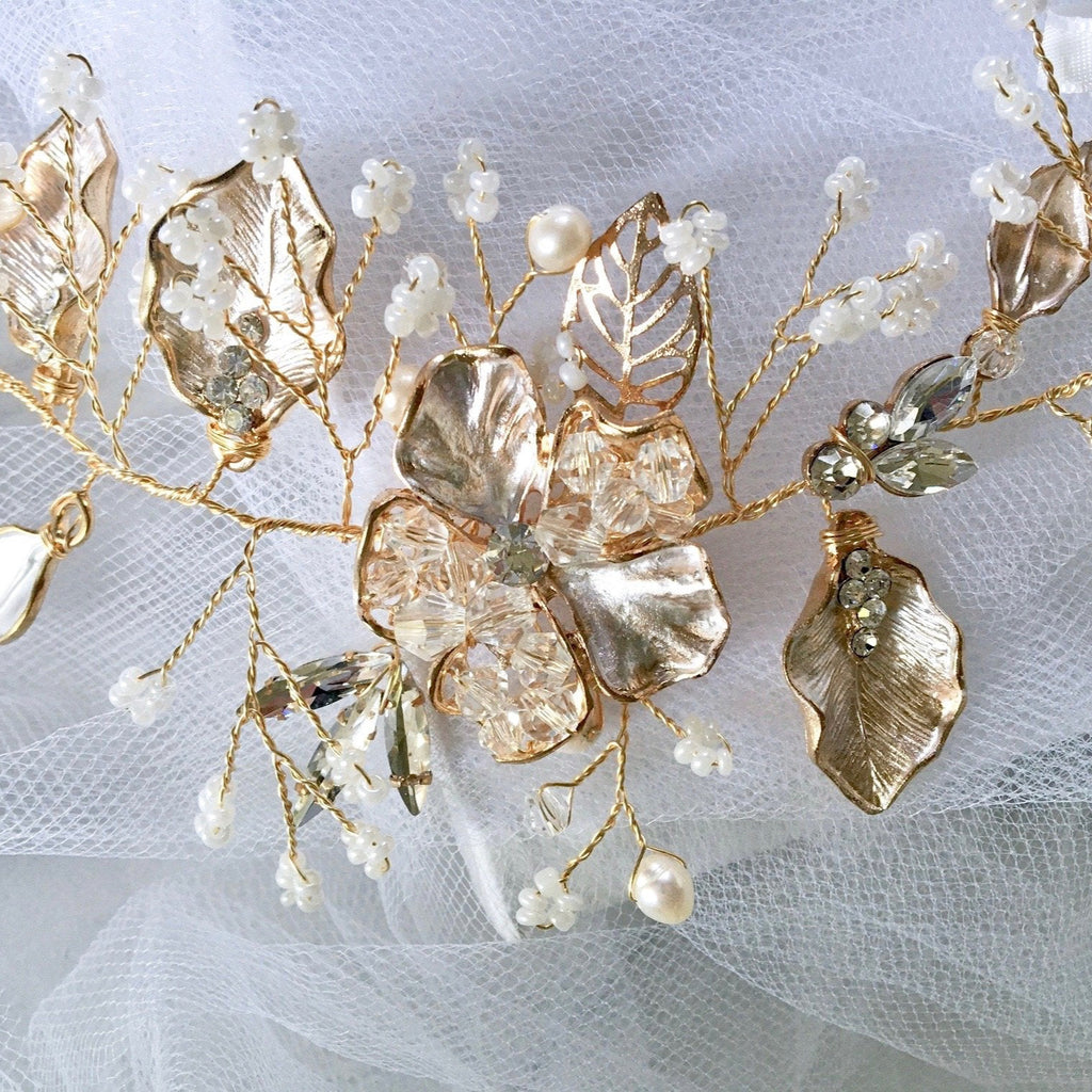 Wedding Hair Accessories - Gold Pearl and Crystal Bridal Headband