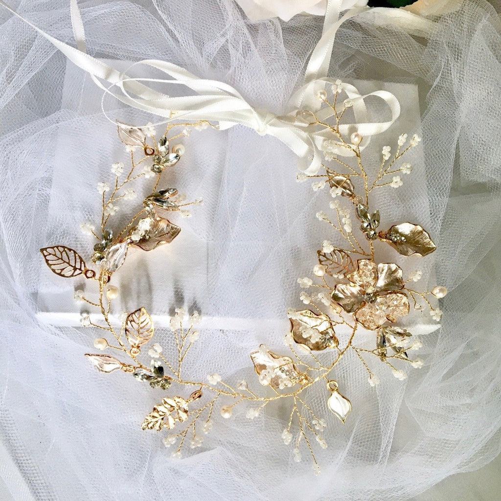 Wedding Hair Accessories - Gold Pearl and Crystal Bridal Headband