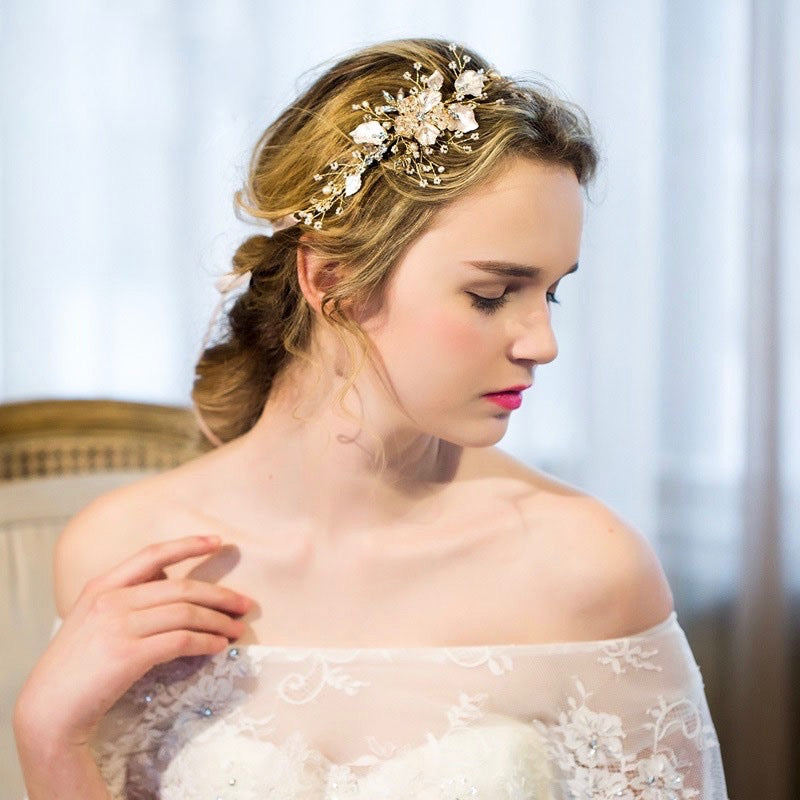 Wedding Hair Accessories - Gold Pearl and Crystal Bridal Headband