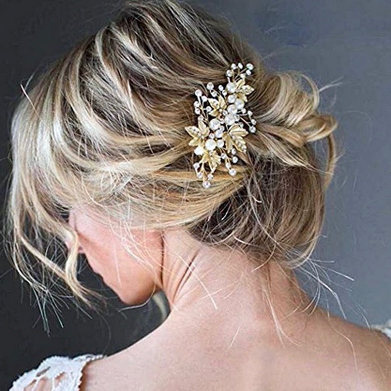 Wedding Hair Accessories - Gold Pearl and Crystal Bridal Hair Clip