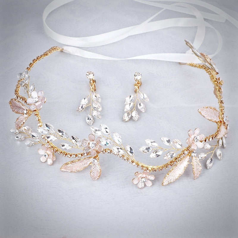 Wedding Hair Accessories - Rose Gold Bridal Headband/Hair Vine With Matching Earrings