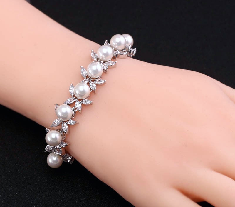 Wedding Jewelry - Pearl and Cubic Zirconia Bridal Bracelet - Available in Silver, Rose Gold and Yellow Gold