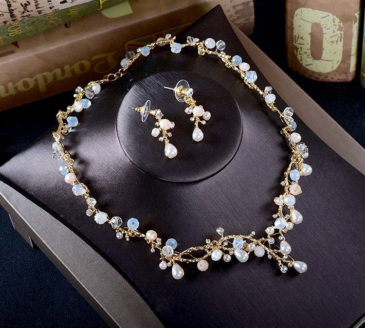 Pearl Wedding Jewelry - Pearl and Cubic Zirconia Bridal 3-Piece Jewelry Set With Tiara - Available in Yellow Gold and Silver