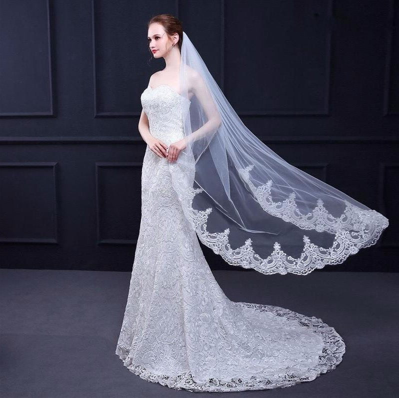 Adora by Simona Wedding Veils - Lace Edge Waltz Length Bridal Veil - Available in White and Ivory White