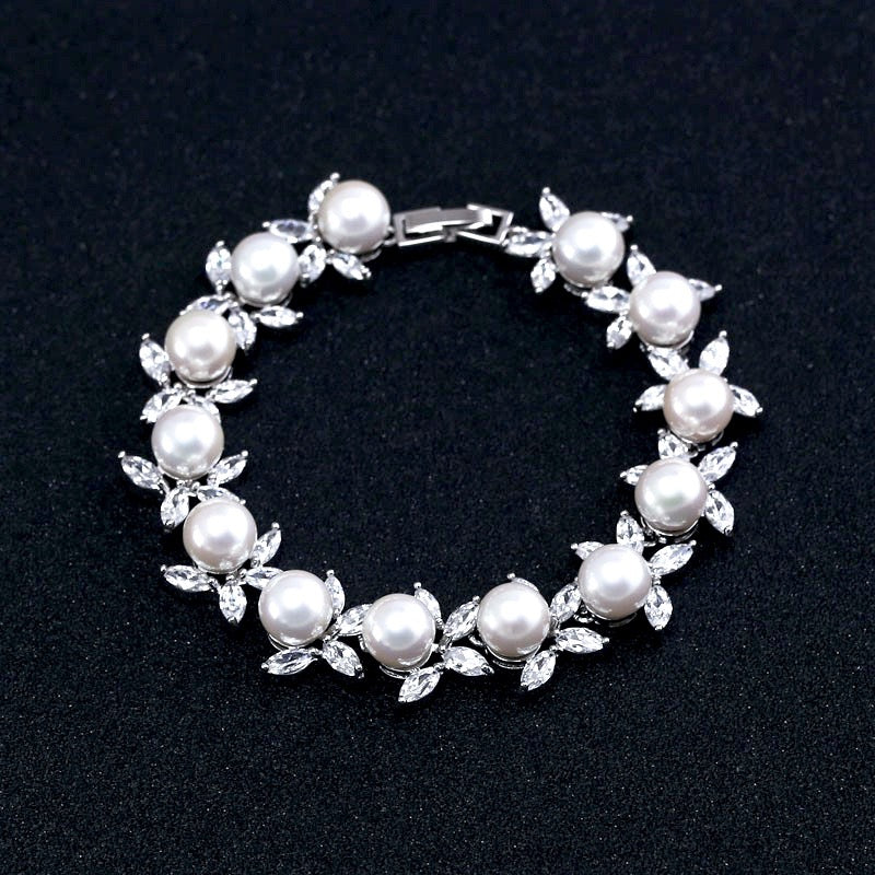 Wedding Jewelry - Pearl and Cubic Zirconia Bridal Bracelet - Available in Silver, Rose Gold and Yellow Gold