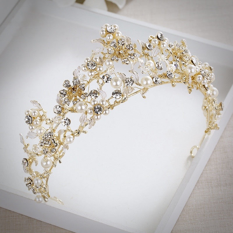 "Estelle" - Gold Pearl and Cubic Zirconia Bridal Tiara