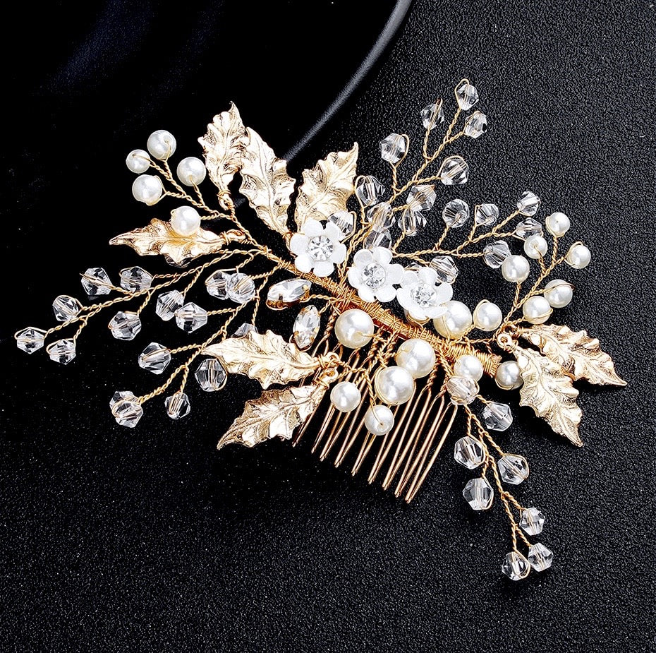 Wedding Hair Accessories - Gold Pearl and Crystal Bridal Hair Comb