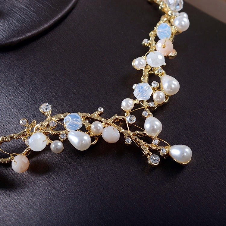 Pearl Wedding Jewelry - Pearl and Cubic Zirconia Bridal 3-Piece Jewelry Set With Tiara - Available in Yellow Gold and Silver