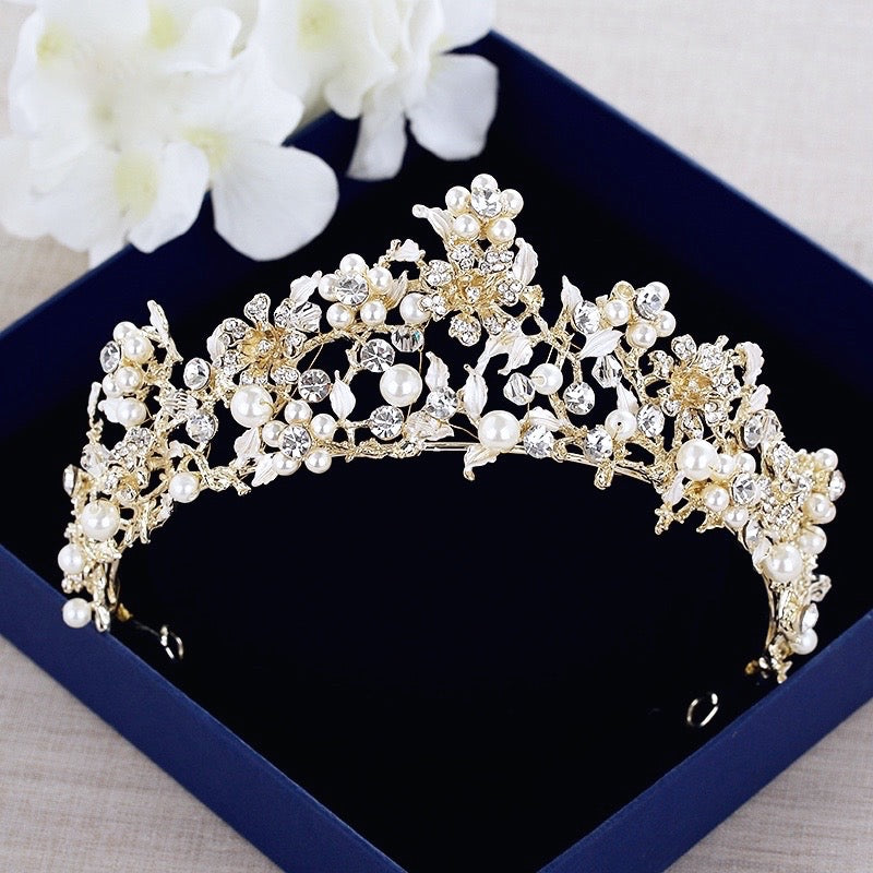 "Estelle" - Gold Pearl and Cubic Zirconia Bridal Tiara