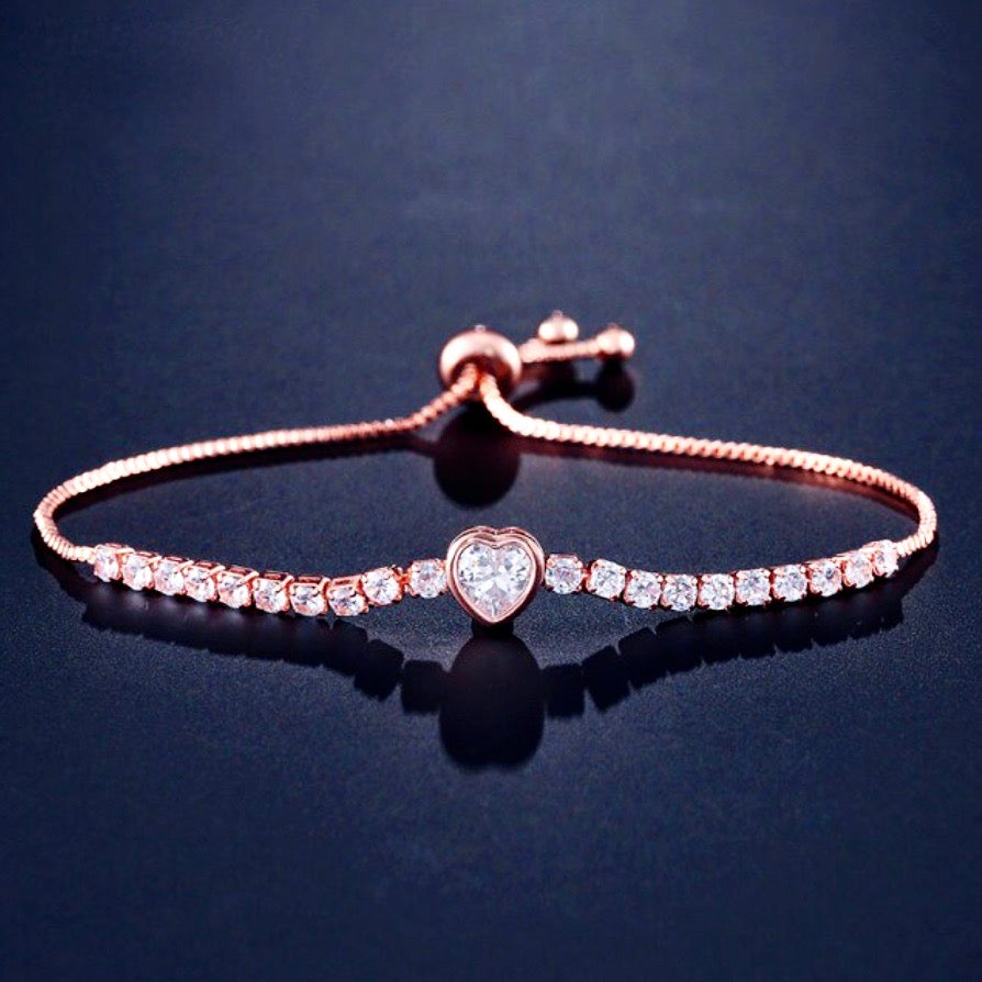 Wedding Jewelry - Heart CZ Bridal Bracelet - Available in Silver, Rose Gold and Yellow Gold