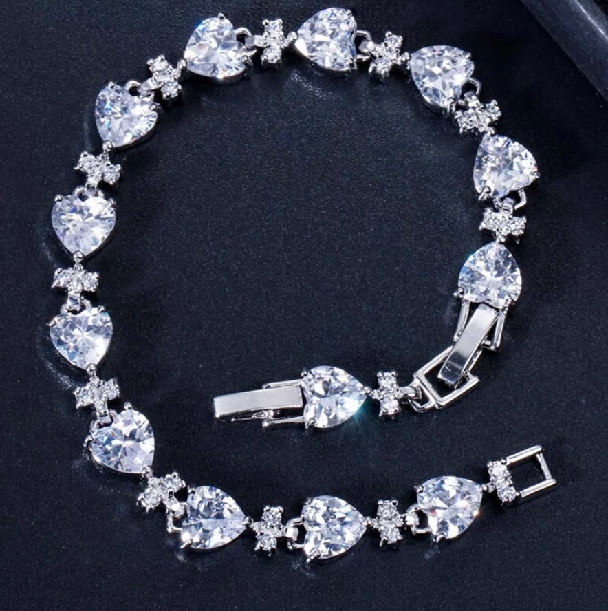 Wedding Jewelry - Silver Cubic Zirconia Heart Bracelet