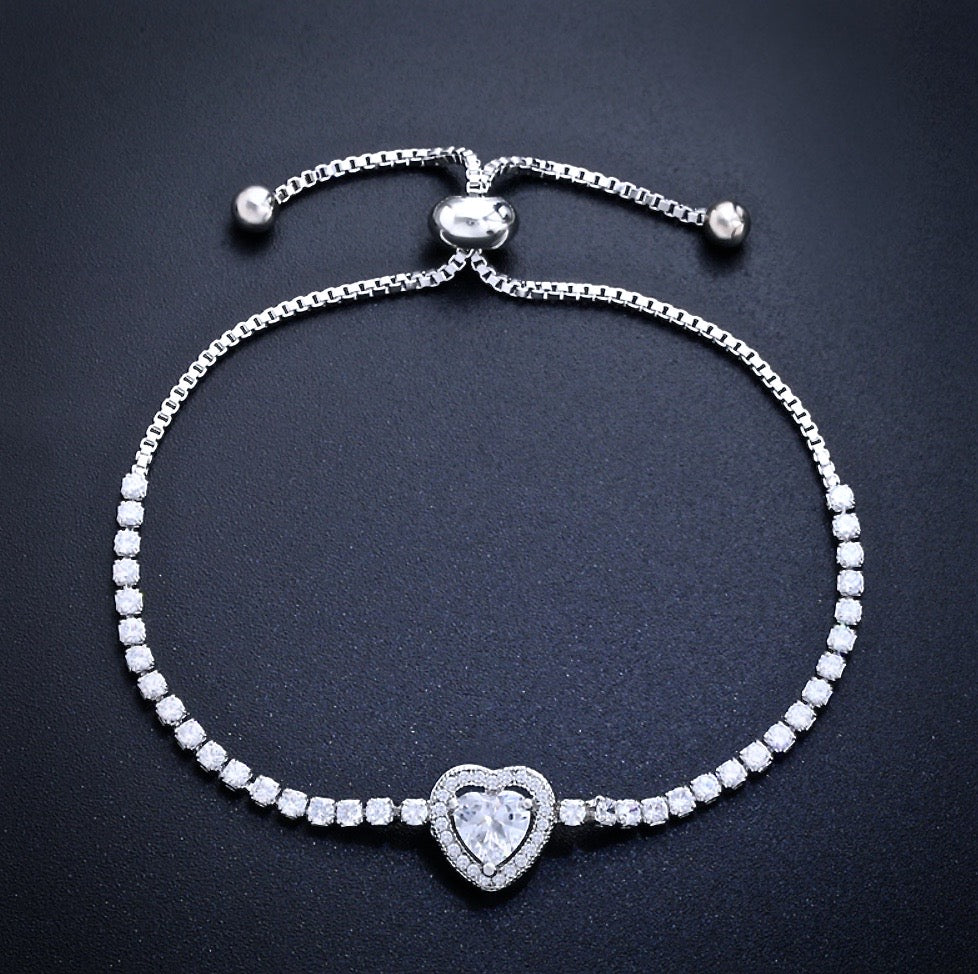 Wedding Jewelry - Heart CZ Bridal Bracelet - Available in Silver, Rose Gold and Yellow Gold