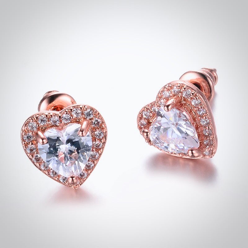 Wedding Jewelry - Heart CZ Bridal Earrings - Available in Silver and Rose Gold