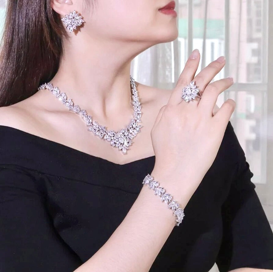 Wedding Jewelry - Silver Cubic Zirconia Bridal Three-Piece Jewelry Set
