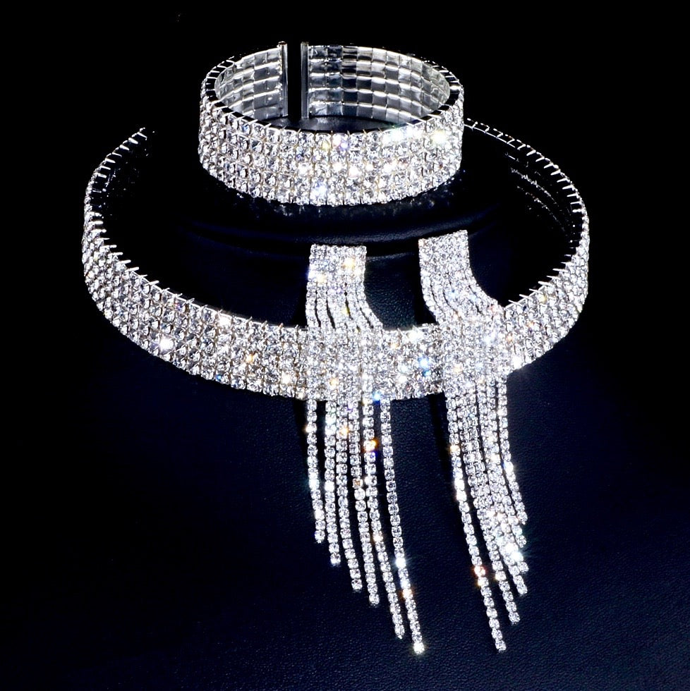 Silver Rhinestone Bridal Jewelry Set – Wedding Necklace Earrings