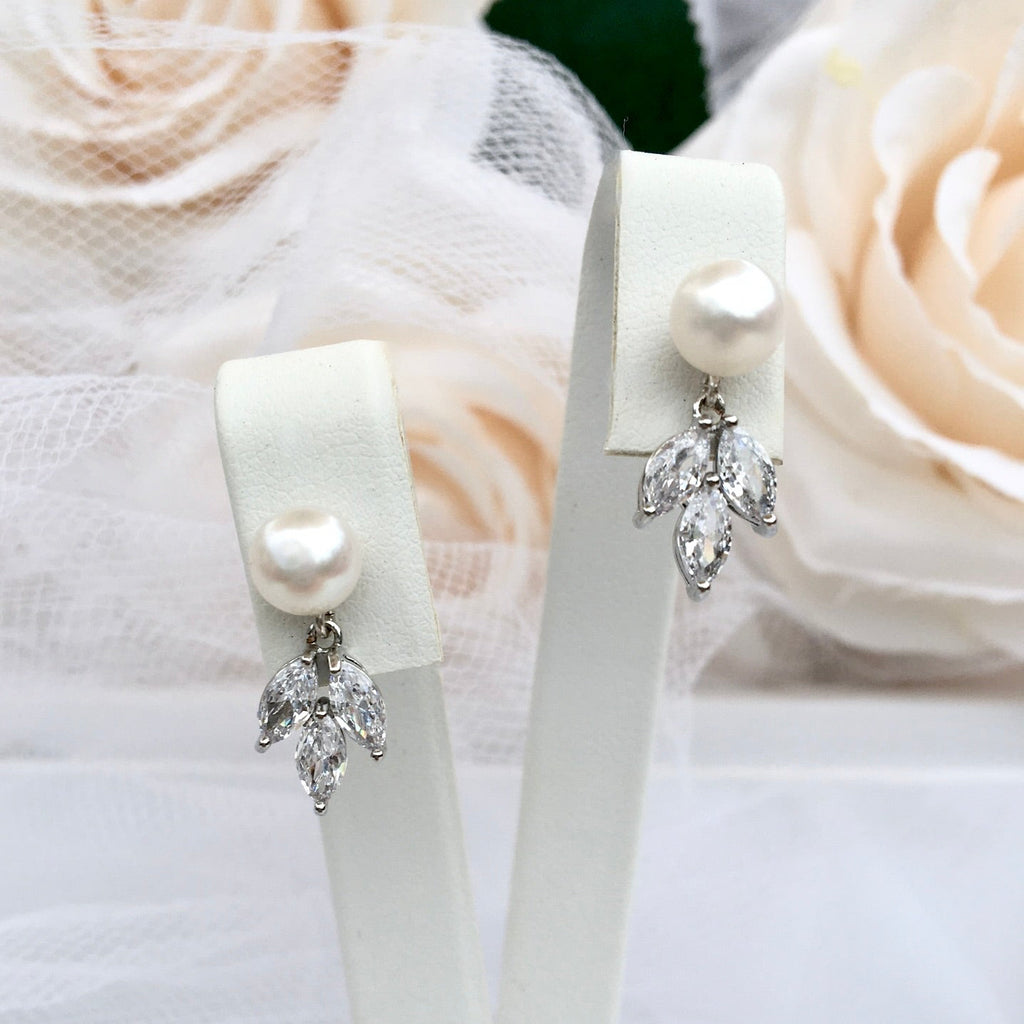 Wedding Jewelry - Minimalist Pearl and Cubic Zirconia Bridal Earrings