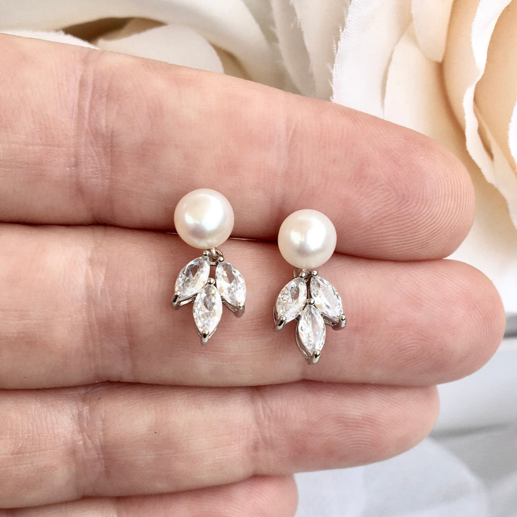 Wedding Jewelry - Minimalist Pearl and Cubic Zirconia Bridal Earrings