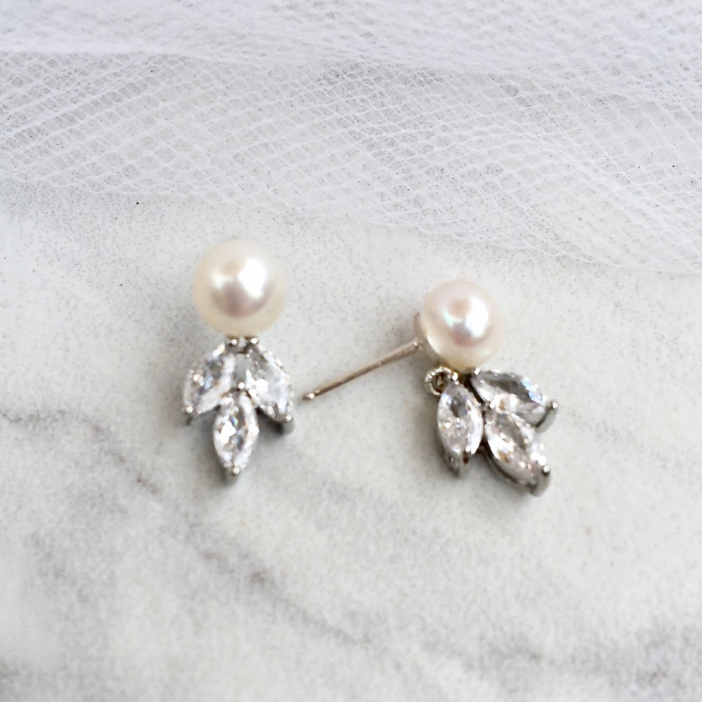 Wedding Jewelry - Minimalist Pearl and Cubic Zirconia Bridal Earrings