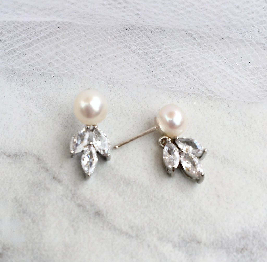 Wedding Jewelry - Minimalist Pearl and Cubic Zirconia Bridal Earrings
