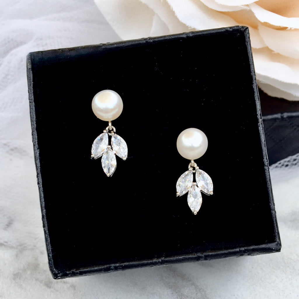 Wedding Jewelry - Minimalist Pearl and Cubic Zirconia Bridal Earrings