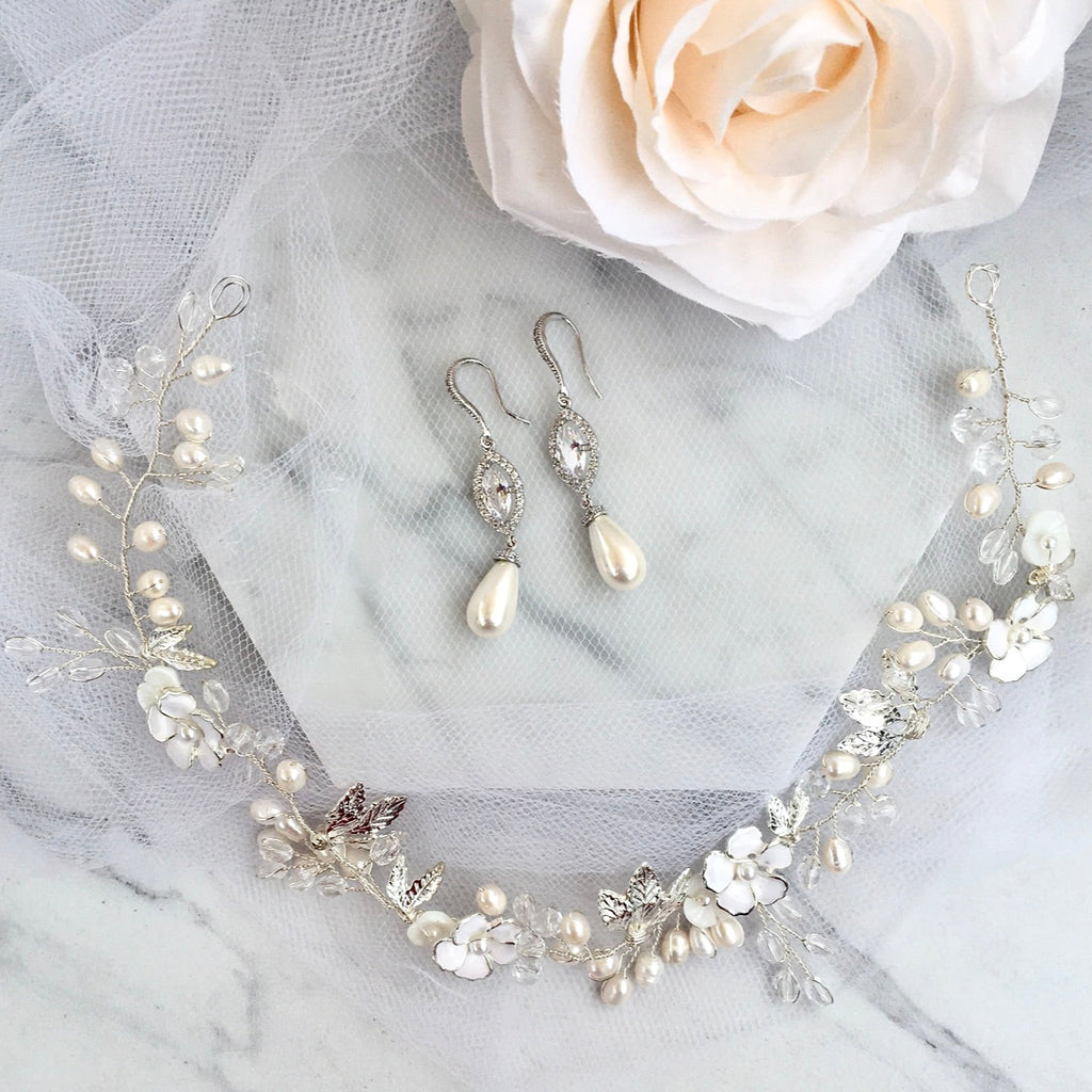 Pearl Wedding Jewelry - Pearl and CZ Bridal Earrings - Available in Silver and Yellow Gold