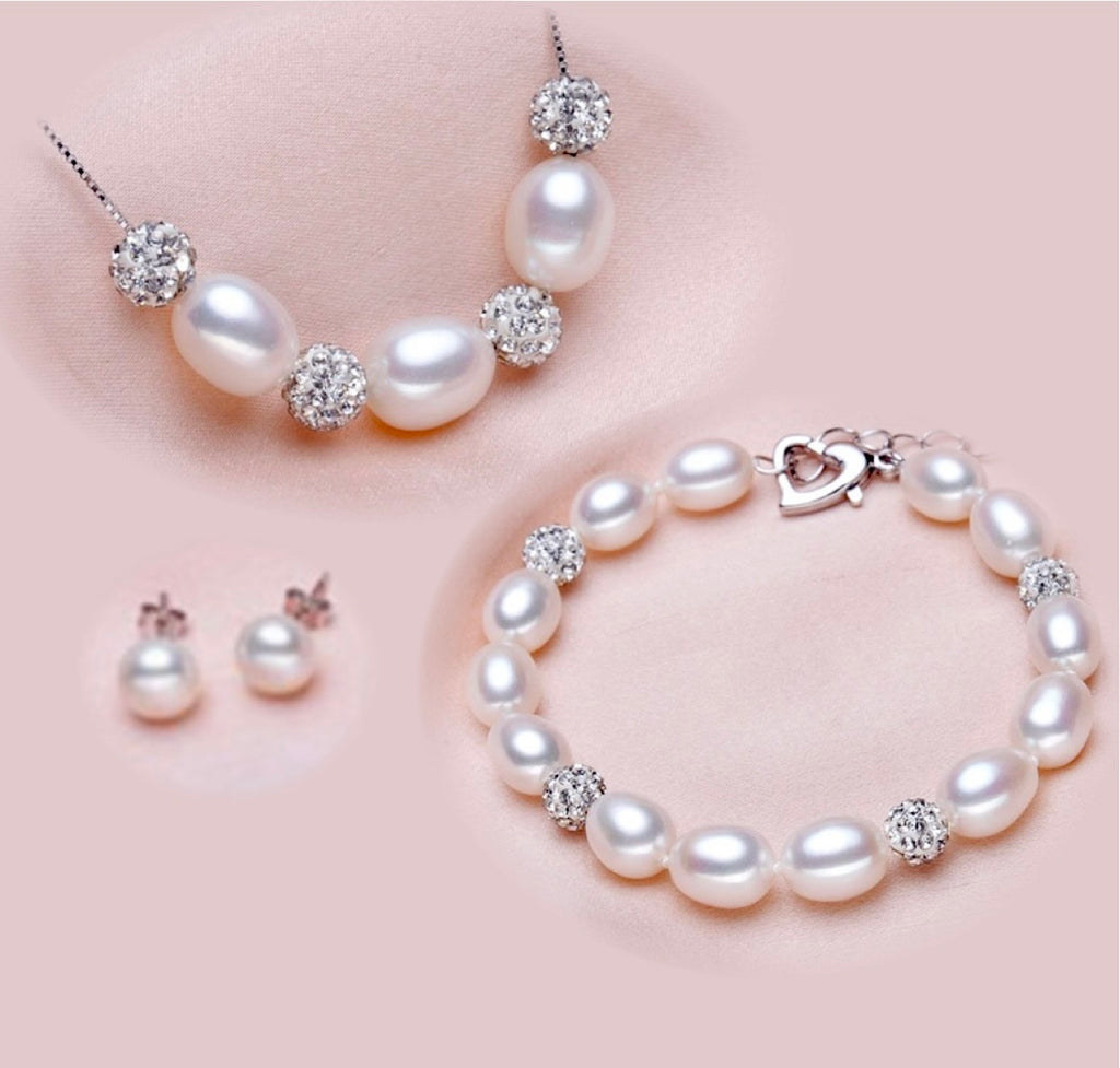 Pearl Wedding Jewelry - Sterling Silver and Natural Pearl 3-Piece Bridal Jewelry Set - More Colors
