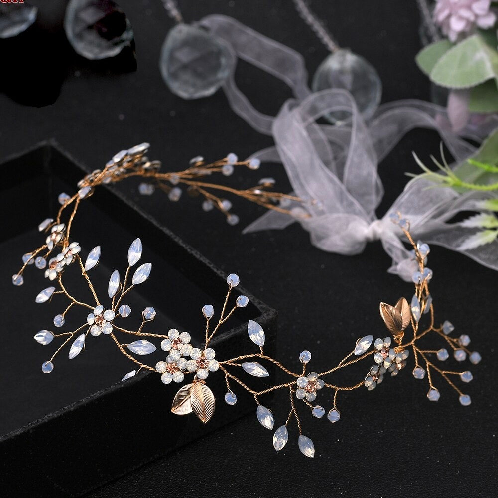 Wedding Hair Accessories - Gold Opal Bridal Headband Vine